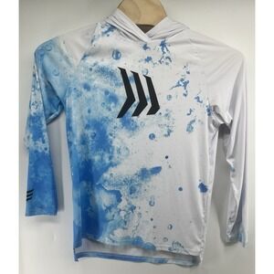 Gillz Mens Small Hooded Sun Shirt Blue White Long Sleeved Water Print Fishing